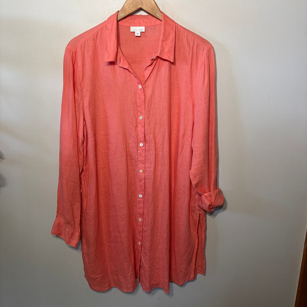 J. Jill Love Linen Blouse Oversized Long Line Slit Button Up Peach Beachy XL